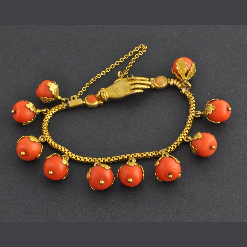 Affordable Gold-Plated Jewelry For Modern Fashion Antique Coral Bead Hand Clasp Bracelet in Yellow Gold Affordable Gold-Plated Jewelry For Modern Fashion Antique Coral Bead Hand Clasp Bracelet in Yellow Gold