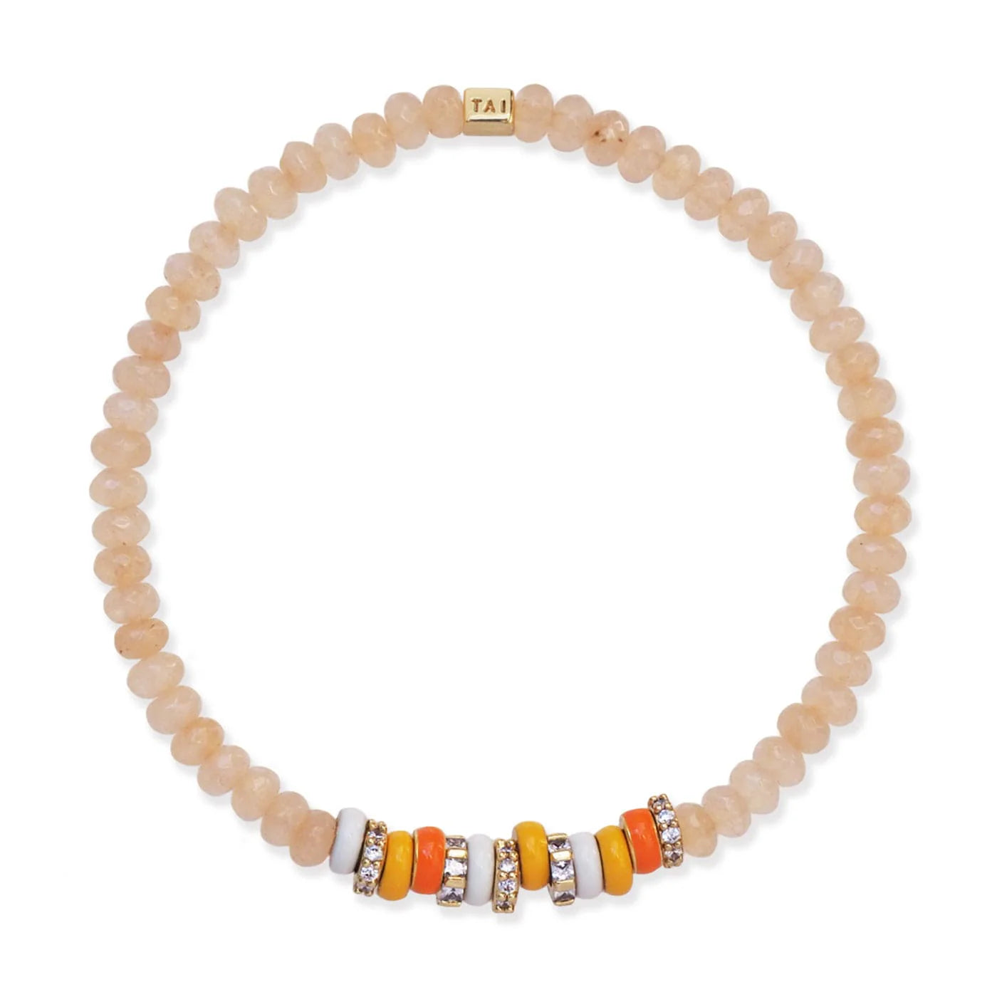 Bestselling Jewelry At Special Promotional Rates TAI Semi-Precious Stretch Bracelet with Colored and CZ Rondelles - Peach Moonstone Bestselling Jewelry At Special Promotional Rates TAI Semi-Precious Stretch Bracelet with Colored and CZ Rondelles - Peach Moonstone