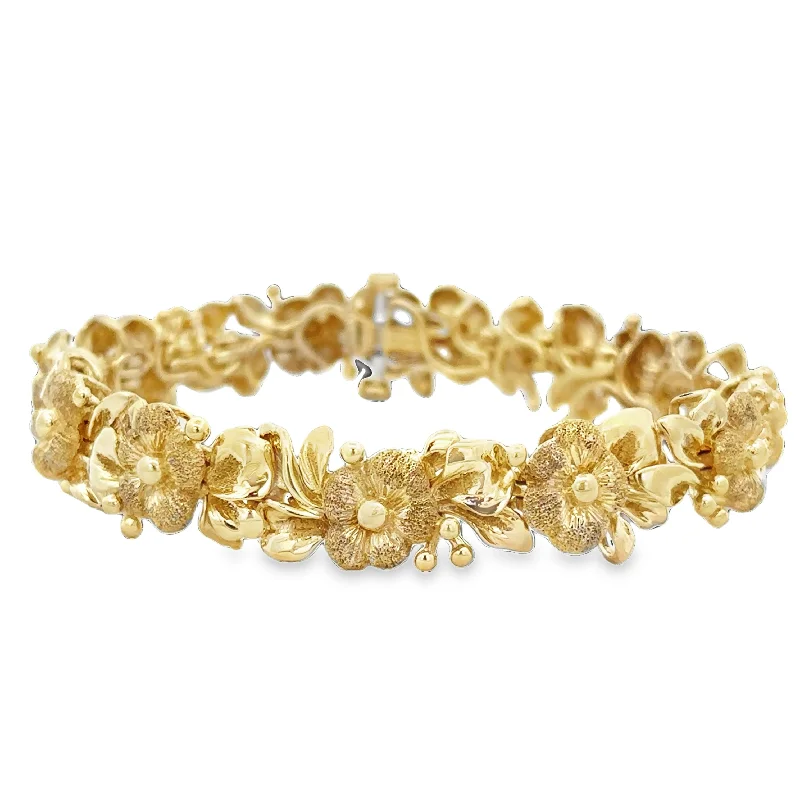 Fashion-Forward Geometric Jewelry For Contemporary Style Textured Dogwood Flower Bracelet in Yellow Gold 7" Fashion-Forward Geometric Jewelry For Contemporary Style Textured Dogwood Flower Bracelet in Yellow Gold 7"