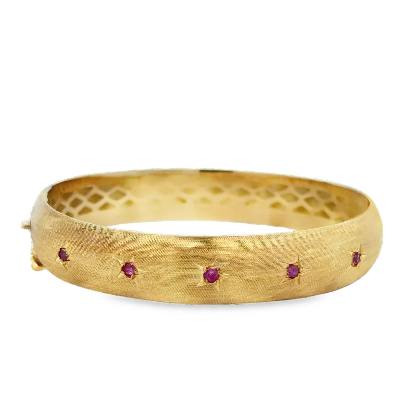Special Deals On Handcrafted And Designer Jewelry Vintage Mid-Century Ruby Bangle Bracelet in 18k Gold 5"-5.5" Wrist Special Deals On Handcrafted And Designer Jewelry Vintage Mid-Century Ruby Bangle Bracelet in 18k Gold 5"-5.5" Wrist