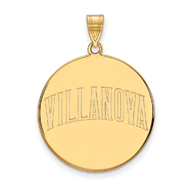Luxury Handcrafted Jewelry For Elegant Looks 14k Gold Plated Silver Villanova U. XL Script Disc Pendant Luxury Handcrafted Jewelry For Elegant Looks 14k Gold Plated Silver Villanova U. XL Script Disc Pendant