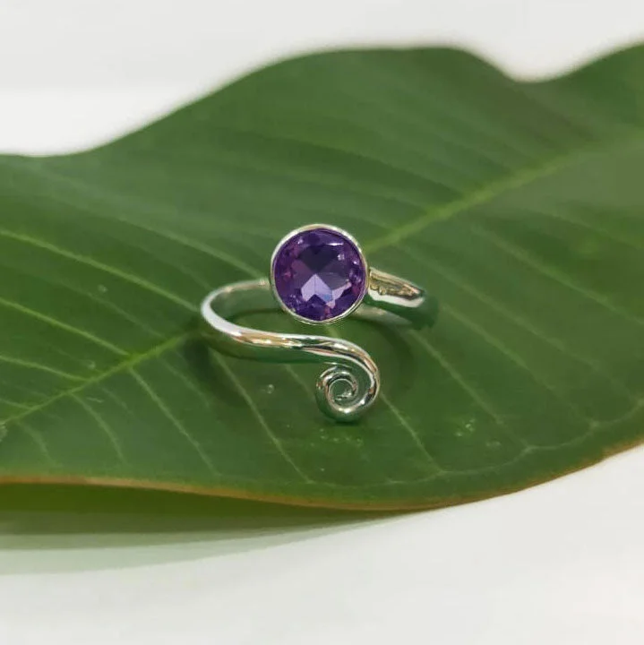 Shop Handcrafted Jewelry At Special Promotional Rates Amethyst Spiral Adjustable Ring- Sterling Silver, Indonesia Shop Handcrafted Jewelry At Special Promotional Rates Amethyst Spiral Adjustable Ring- Sterling Silver, Indonesia